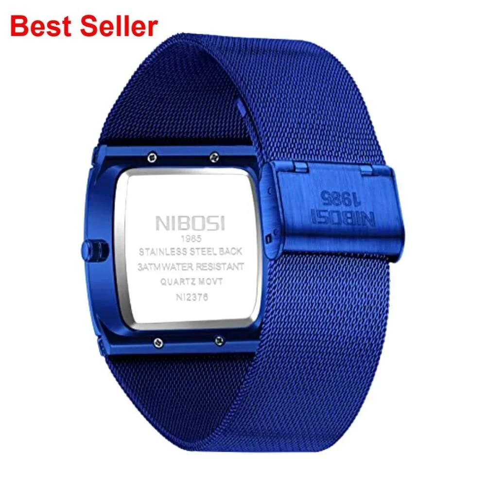 Stainless Steel Square Analog Quartz Watch with Mesh Strap